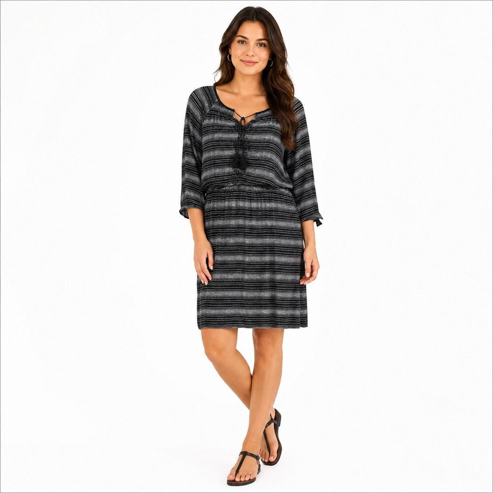 LOFT Dress Womens Small Black Stripe 3/4 Sleeve Tassel Shift Lined Knee Length